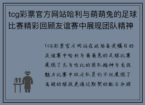 tcg彩票官方网站哈利与萌萌兔的足球比赛精彩回顾友谊赛中展现团队精神与竞技魅力